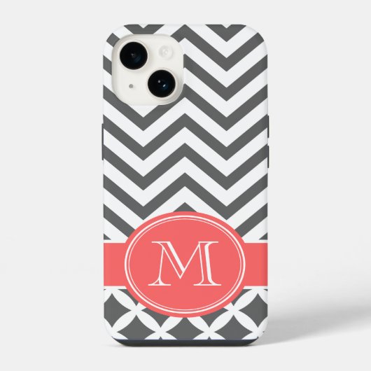 Coque Pour iPhone 14 Gris Charbon et Chevron Corail Monogramme (Verso)