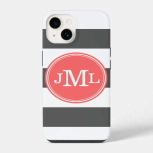 Coque Pour iPhone 14 Gris charbon et monogramme à large rayure corail
