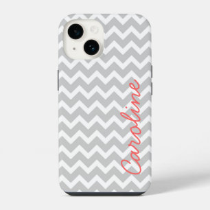 Coque Pour iPhone 14 Gris Chevron Personnalisé Monogramme Personnalisé