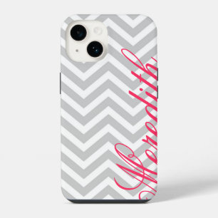 Coque Pour iPhone 14 Gris moderne Chevron rayures personnalisé Monogram
