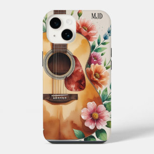 Coque Pour iPhone 14 Guitare acoustique florale aquarelle