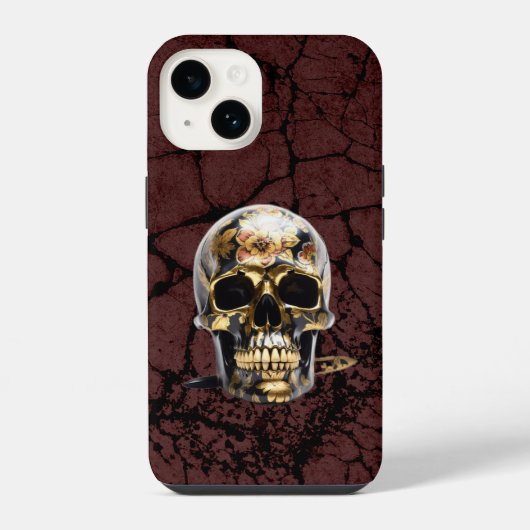 Coque Pour iPhone 14 Housse grunge iPhone noir et crâne doré  (Verso)