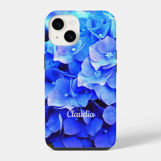 Coque Pour iPhone 14 Hydrangeas Bleus Floral Monogrammé (Verso)