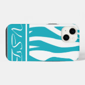 Coque Pour iPhone 14 Impression zèbre turquoise avec monogramme (Verso Horizontal)