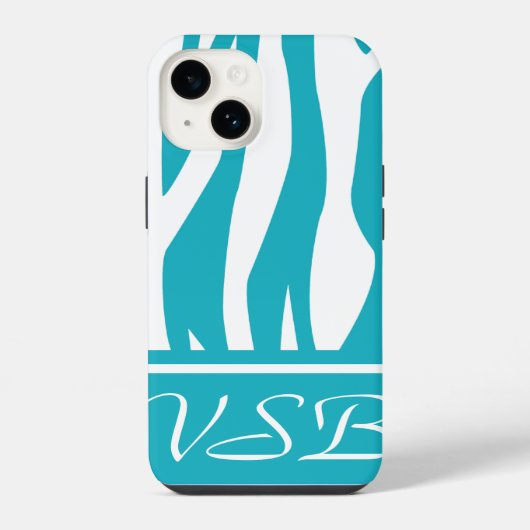 Coque Pour iPhone 14 Impression zèbre turquoise avec monogramme (Verso)