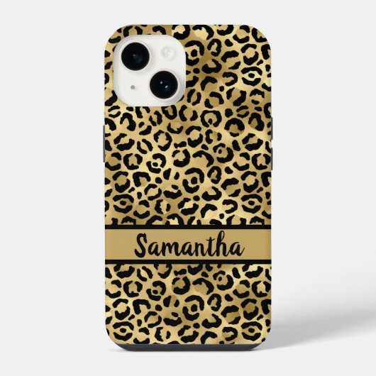 Coque Pour iPhone 14 Imprimé léopard guépard noir or Monogram (Verso)