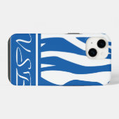 Coque Pour iPhone 14 Imprimé zèbre bleu denim avec monogramme (Verso Horizontal)