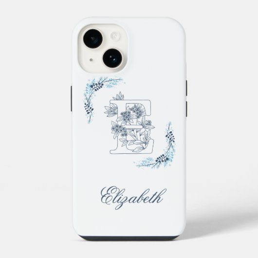 Coque Pour iPhone 14 Initiale "E" Monogramme bleu Calme Floral (Verso)