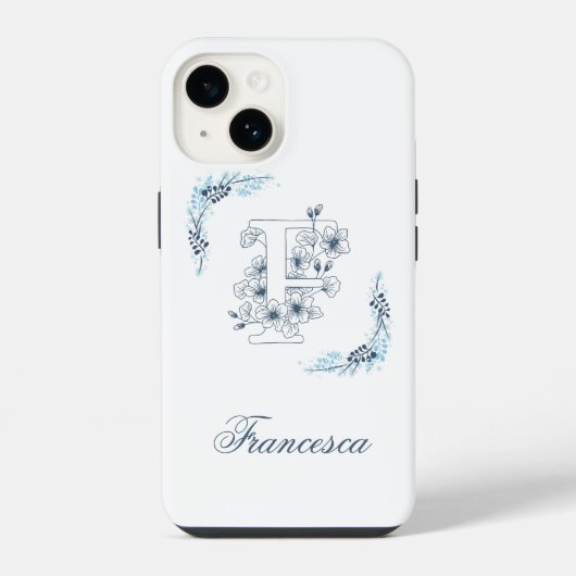 Coque Pour iPhone 14 Initiale "F" Monogramme bleu Calme Floral (Verso)