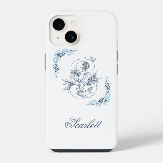Coque Pour iPhone 14 Initiale "S" Monogramme bleu Calme Floral (Verso)