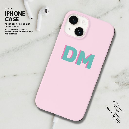 Coque Pour iPhone 14 Initiales de Monogramme simple moderne rose vert