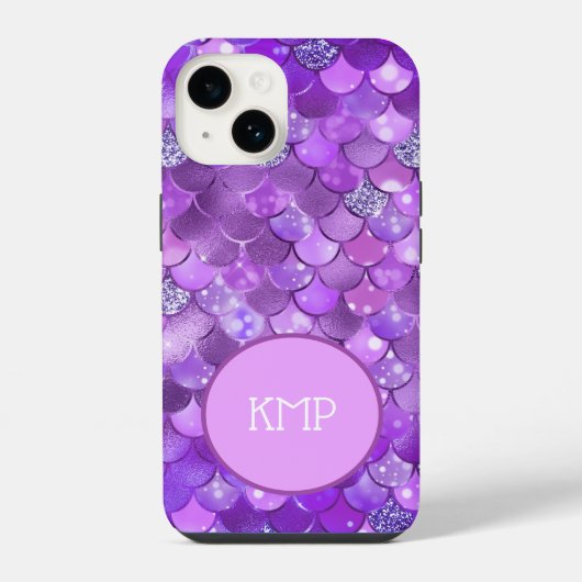 Coque Pour iPhone 14 Initiales Monogramme Écailles de Sirène Violet Arg (Verso)