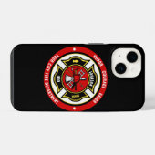 Coque Pour iPhone 14 Insigne de sauvetage de pompier AJOUTER NOM Départ (Verso Horizontal)