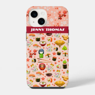 Coque Pour iPhone 14 Japonais amour sushi poisson plat motif sur rose
