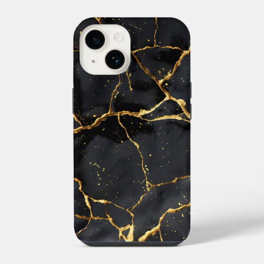 Coque Pour iPhone 14 Japonais Kintsugi Noir & Or (Verso)