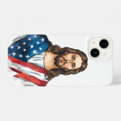 Coque Pour iPhone 14 Jésus artistique avec drapeau américain (Verso Horizontal)
