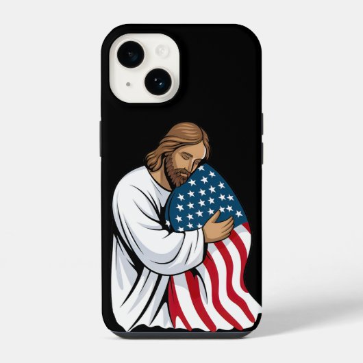 Coque Pour iPhone 14 Jésus serrant le drapeau américain (Verso)
