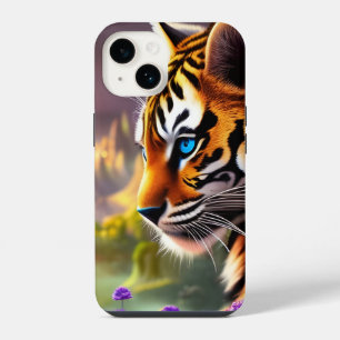 Coque Pour iPhone 14 Jeune tigre, fleurs violettes
