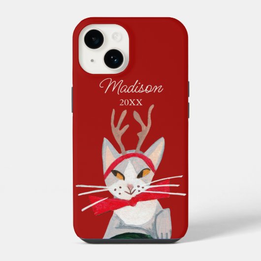 Coque Pour iPhone 14 Joli chat rétro rouge de Noël (Verso)