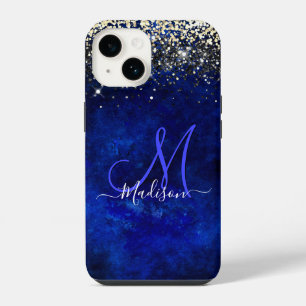 Coque Pour iPhone 14 Joli monogramme doré et bleu royal de faux paillet