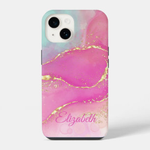 Coque Pour iPhone 14 Jolie encre abstraite, rose turquoise et or