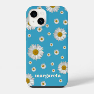 Coque Pour iPhone 14 Jolie fleur de marguerite rétro avec nom bleu ciel
