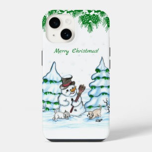 Coque Pour iPhone 14 Joyeux Noël ! Bonhomme de neige avec chat et chiot