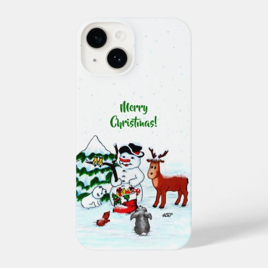 Coque Pour iPhone 14 Joyeux Noël ! Snowman avec amis (Verso)
