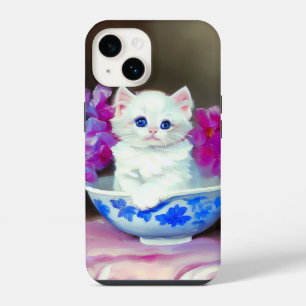 Coque Pour iPhone 14 Kitten blanc vintage aux fleurs roses