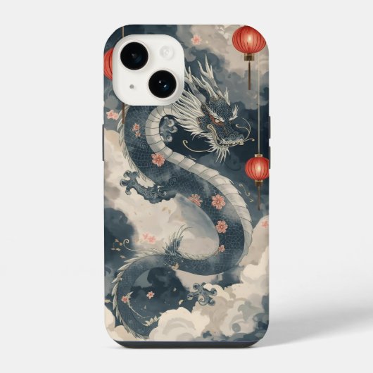 Coque Pour iPhone 14 Lanternes de dragon bleu chinois (Verso)