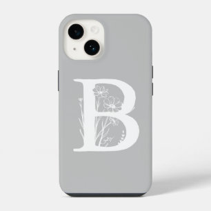 COQUE POUR iPhone 14 LETTRE FLORALE GRAVE B MONOGRAM COULEUR GRIS