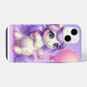 Coque Pour iPhone 14 Licorne Enjouée Tenant un Ballon (Verso Horizontal)