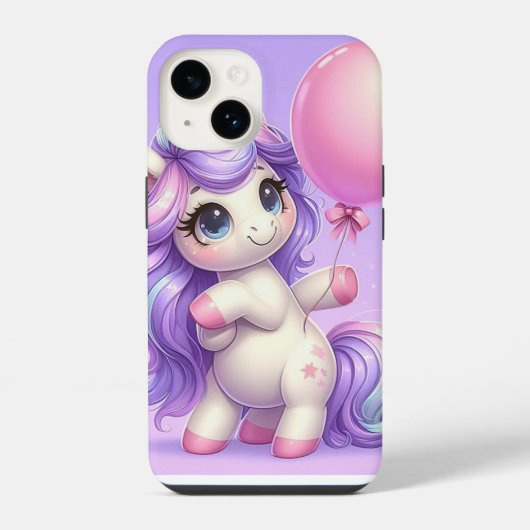 Coque Pour iPhone 14 Licorne Enjouée Tenant un Ballon (Verso)
