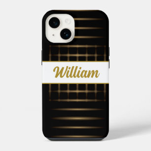 Coque Pour iPhone 14 lignes floues dorées sur fond noir avec texte pers