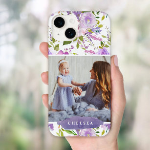 Coque iPhone 15 Pro Lilac Floral Photo et Monogramme