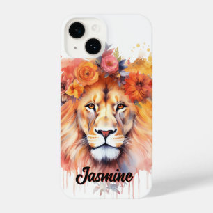 Coque Pour iPhone 14 Lion Pastel Fleurs Safari Aquarelle Savannah Chat