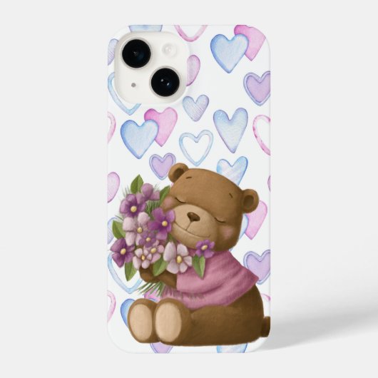 Coque Pour iPhone 14 Love Cartoon Ours Bouquet Fleurs (Verso)