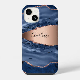 Coque Pour iPhone 14 Marbre agate bleue rose or nom script