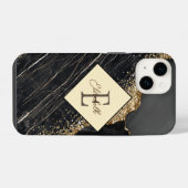 Coque Pour iPhone 14 Marbre noir tendance, sequins dorés monogramme (Verso Horizontal)