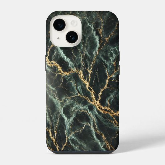 Coque Pour iPhone 14 Marbre vert foncé avec veines dorées (Verso)