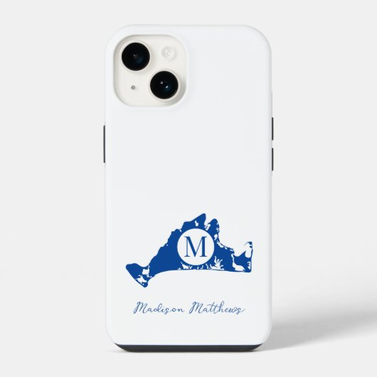 Coque Pour iPhone 14 Martha's Vineyard Simple Map Monogram Blue Name (Verso)