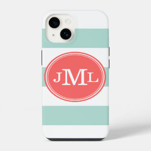 Coque Pour iPhone 14 Monogramme à larges rayures avec menthe et corail