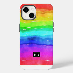 Coque Pour iPhone 14 Monogramme à rayures arc-en-ciel aquarelle