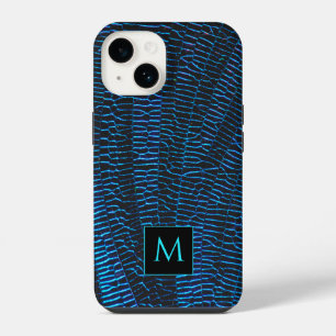Coque Pour iPhone 14 Monogramme abstrait bleu brillant métallique
