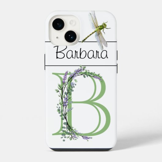 Coque Pour iPhone 14 Monogramme B, Lavande Eucalyptus, libellule (Verso)