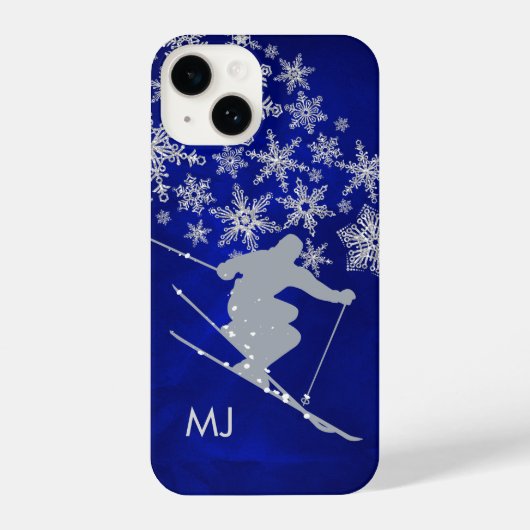 Coque Pour iPhone 14 Monogramme Bleu du ski de descente (Verso)