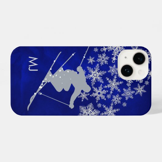 Coque Pour iPhone 14 Monogramme Bleu du ski de descente (Verso Horizontal)