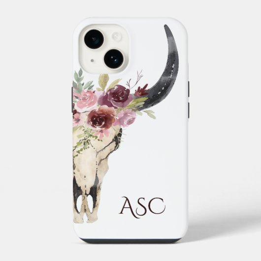 Coque Pour iPhone 14 Monogramme Boho Floral Skull (Verso)