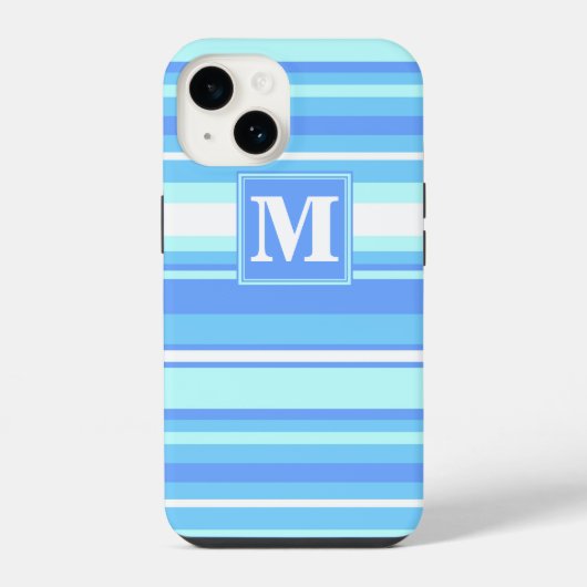 Coque Pour iPhone 14 Monogramme ciel bandes bleues (Verso)