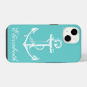 Coque Pour iPhone 14 Monogramme d'Ancre Vintage Turquoise (Verso Horizontal)